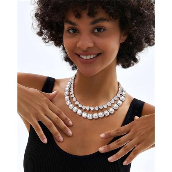 Silver Rhinestone Heart & Diamond Tennis Chain Set | Iced Out Layered Necklace - Picture 3 of 5